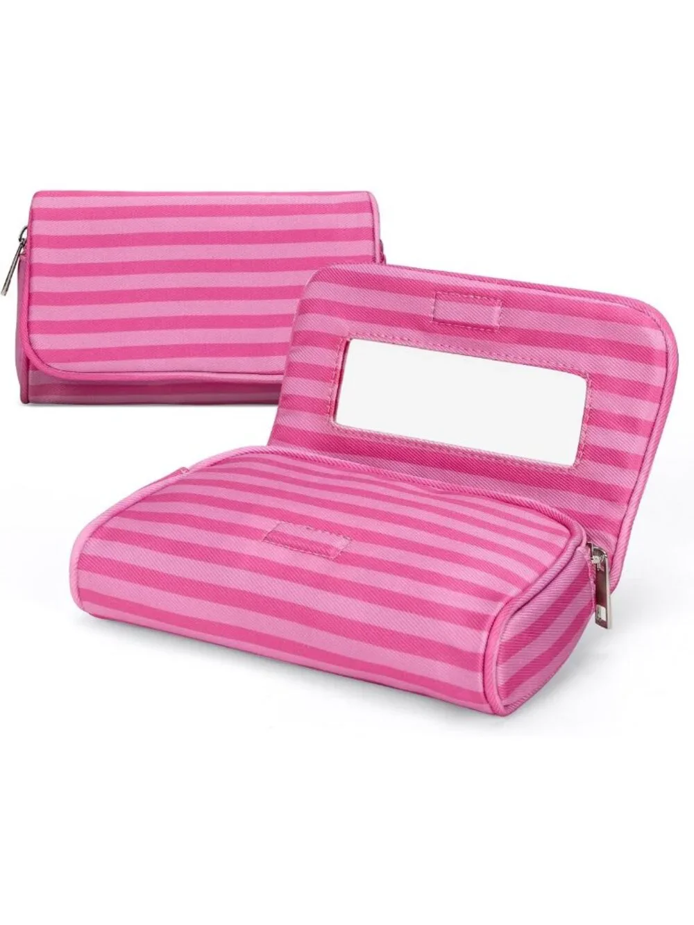 Trendy Pink Stripe Nylon Makeup Bag with Mirror | Portable Lightweight Cosmetic